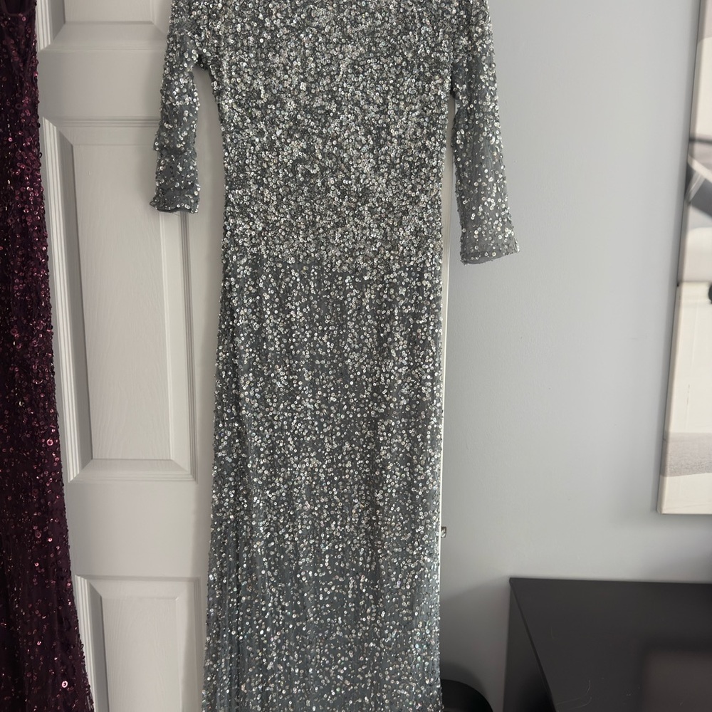 Adrianna Papell- Silver Sequin Long Sleeve Gown
